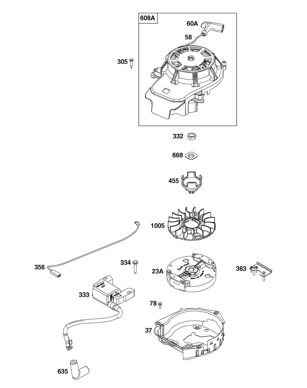 Flywheel, Ignition, And Starter Group Diagram and Parts List for 104M02-0031-H5 100000 - 19Z999 Briggs and Stratton Engine